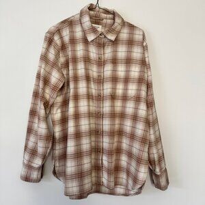 American Eagle Flannel Shirt Soft Tan White Plaid Button Down Collar Sz S